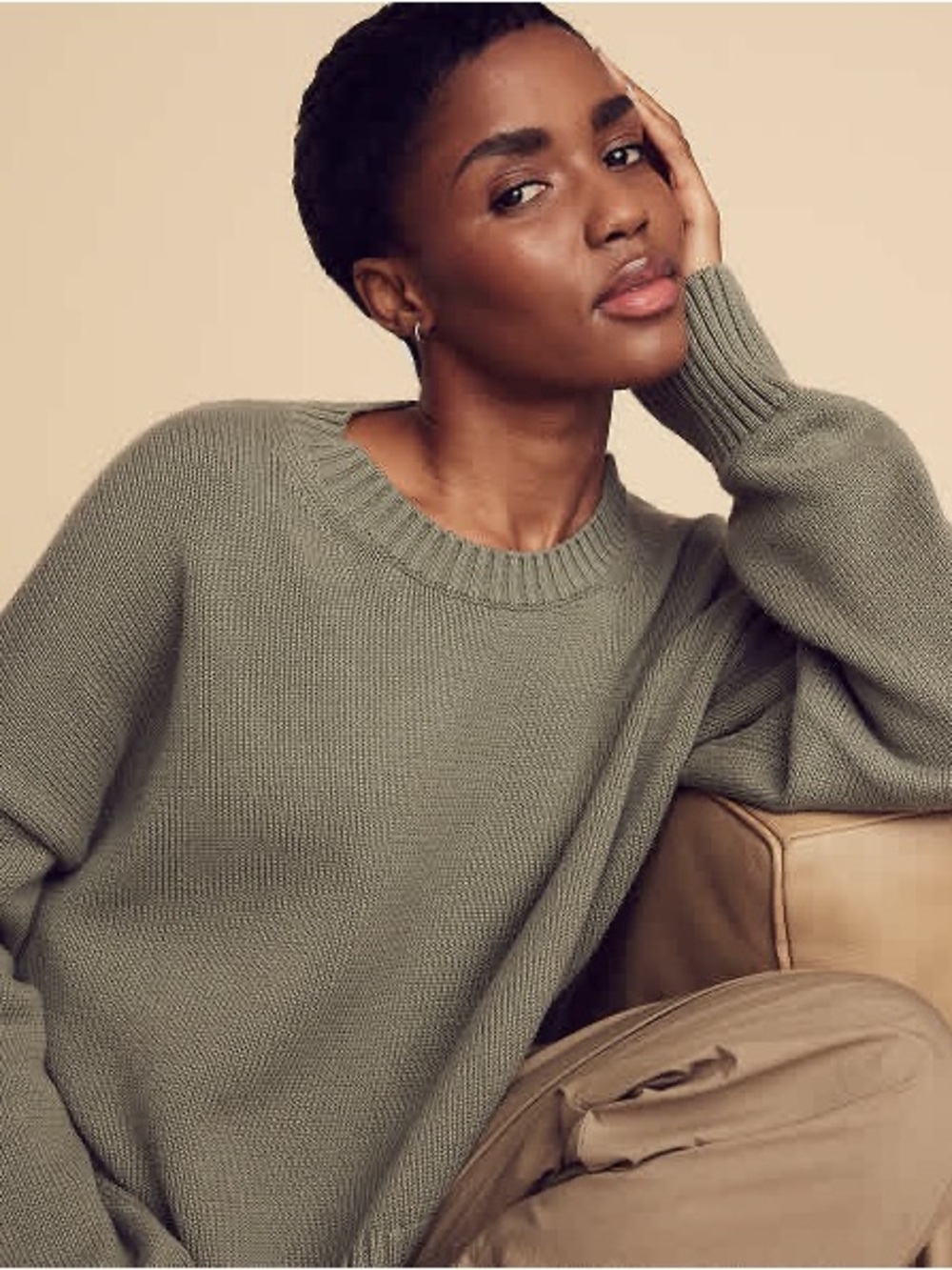 Quince 100% Organic Cotton Boyfriend Crew Sweater in Agave